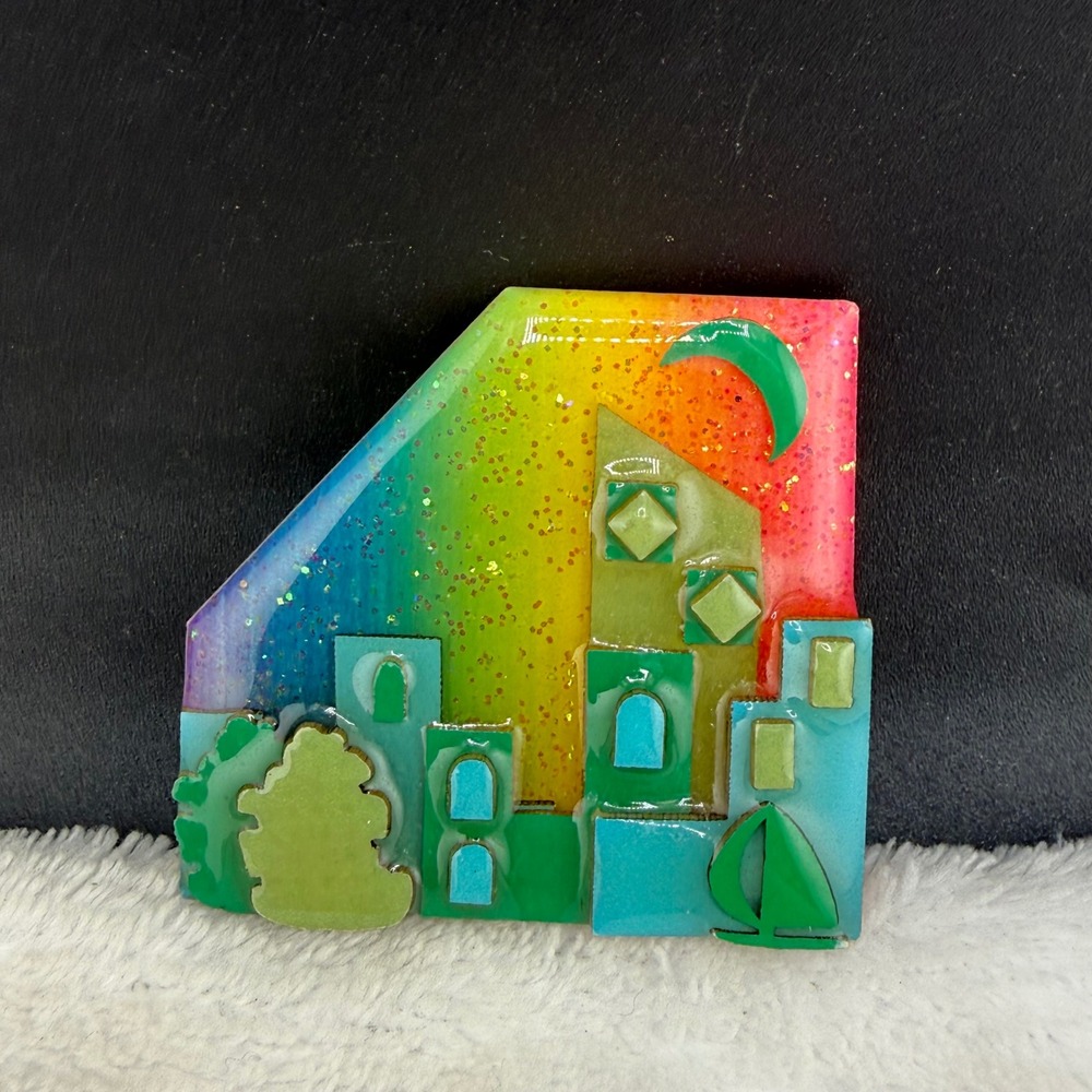 Vintage Lucinda House Pin Rainbow Glitter Cityscape Moon Brooch Multi Color